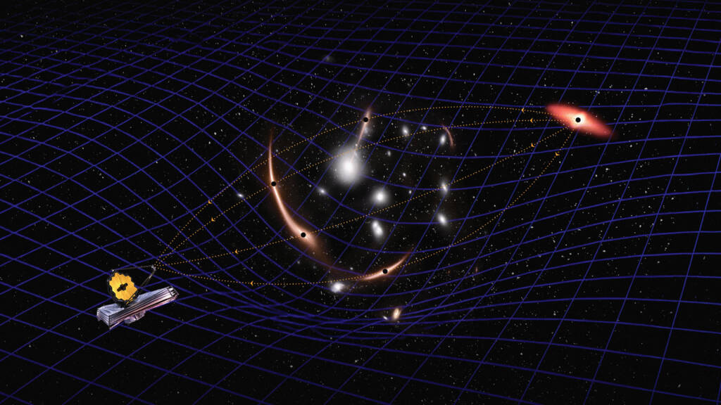 Image 1: Artist's illustration showing JWST, aided by gravitational-lensing, enabled the team to measure the mass of an inactive black hole in the early Universe. Image credit: Navid Marvi/Carnegie Science